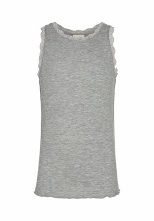 Ærmeløs grå ribstrikket top med blondekant langs halsudskæringen og ærmegab, med en let bølget kant forneden.
