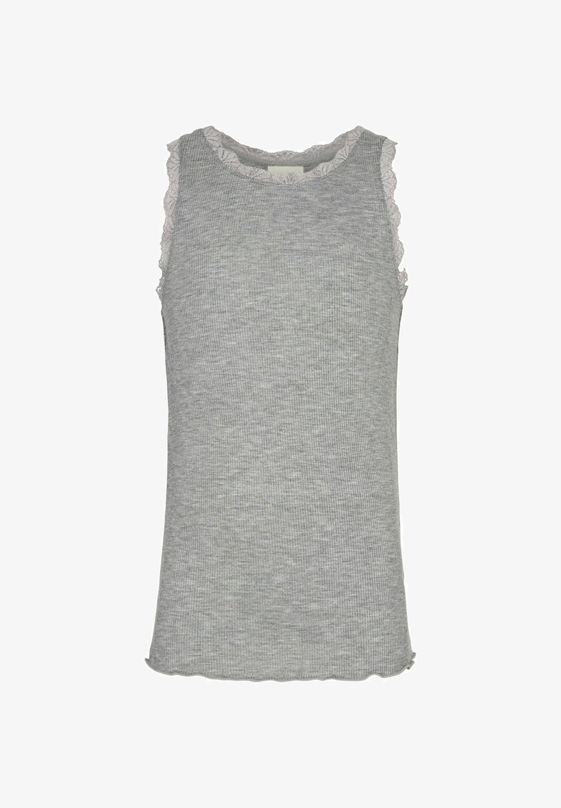 Haut gris sans manches en tricot côtelé avec une bordure en dentelle le long de l'encolure et des emmanchures, présentant un ourlet légèrement ondulé.