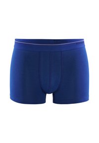 Pánské boxerky, tmavě modré, vyrobené z měkké látky s hladkou texturou. Mají polstrovaný pas a vyšívané detaily.