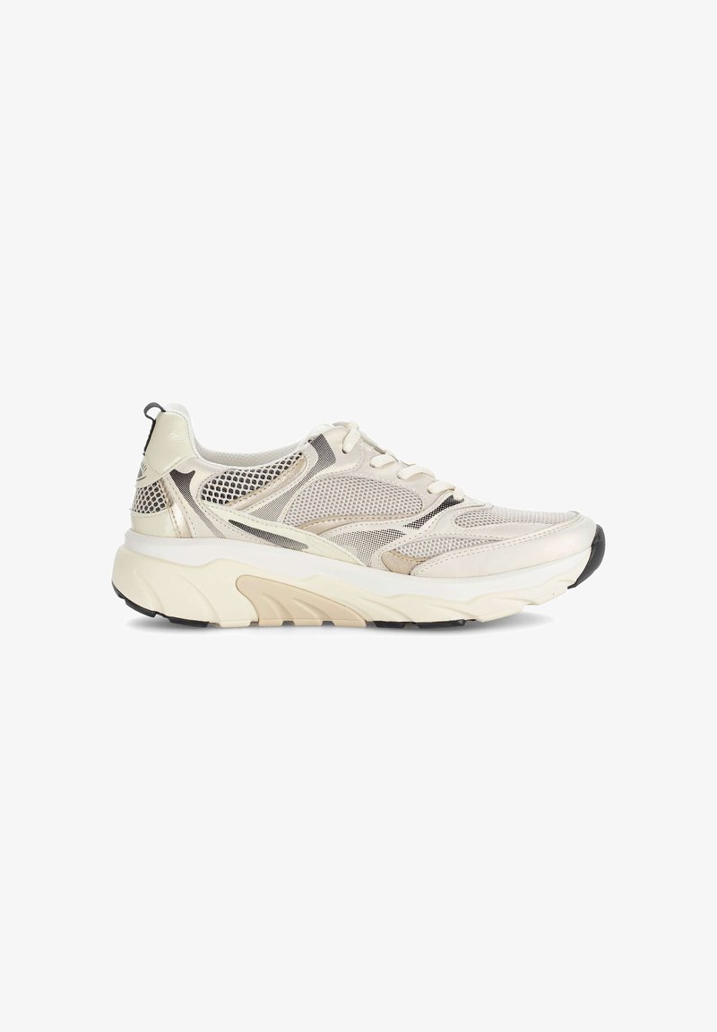 Beige and cream mesh sneaker with chunky sole, black outsole, lace-up front, and pull tab on heel, shown in side profile.