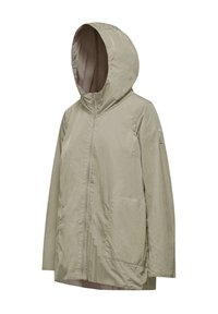 Giacca leggera beige con cappuccio, dotata di zip frontale completa, due tasche laterali e una texture liscia. Presenta una vestibilità comoda e un design semplice.