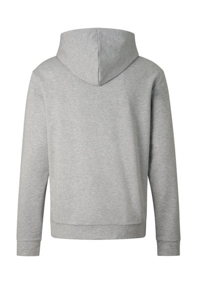 Sweat à capuche gris clair à manches longues avec capuche attachée, poignets et ourlet côtelés, vu de dos sur fond blanc.
