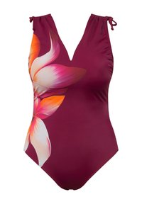 Bordeaux ééndelige badpak met een diepe V-halslijn en een bloemenprint in roze en oranje. Voorzien van verstelbare bandjes op de schouders. Gladde textuur.