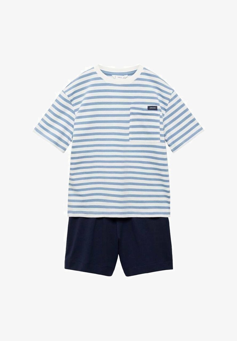 Blue and white striped short-sleeve t-shirt with a front pocket, paired with navy blue shorts. Cotton material, casual fit, minimal design.