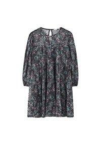 Květinové šaty v černé barvě s malými růžovými a tyrkysovými květy, s dlouhými nafouknutými rukávy a malým otvorem ve tvaru klíče na zádech. Lehce splývavý materiál.