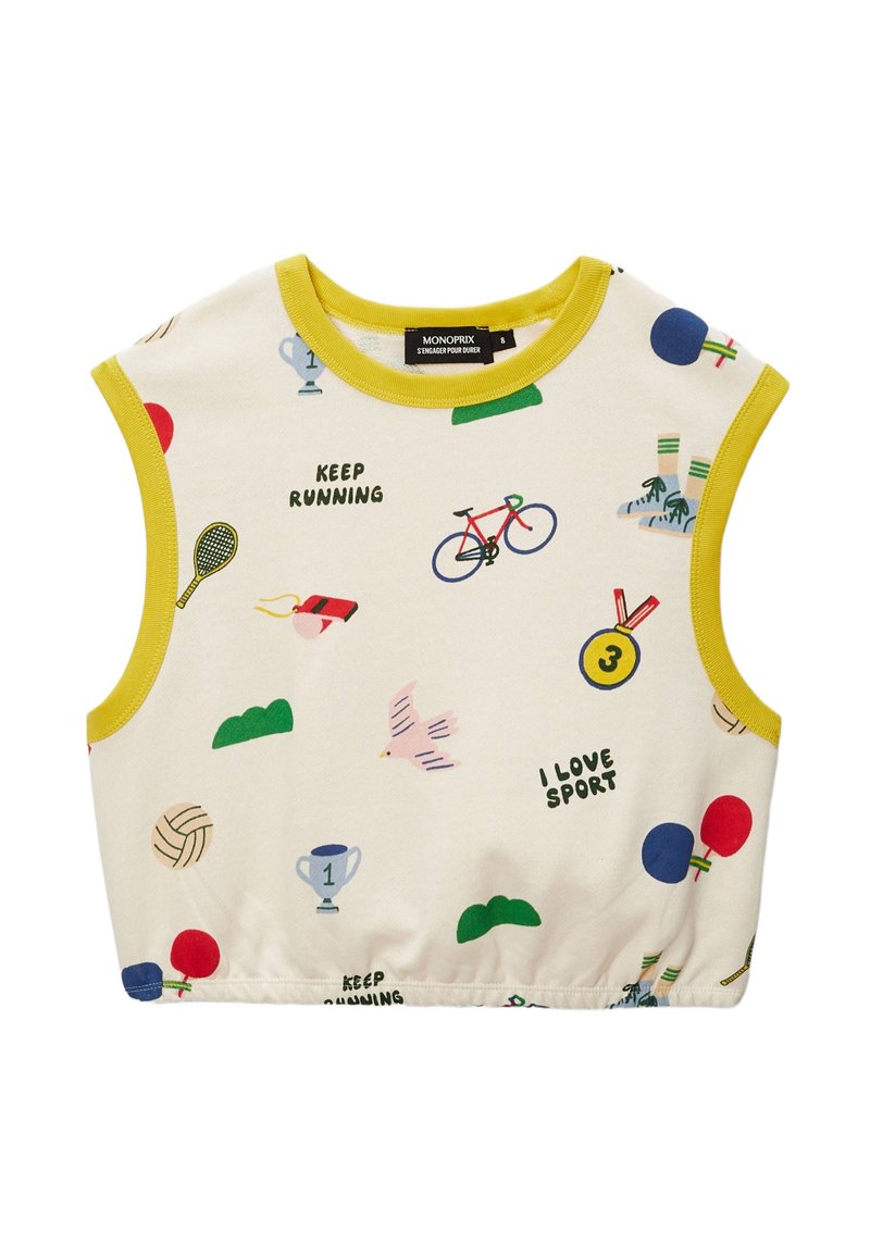 Top court sans manches en tissu crème avec bordure jaune ; présente un imprimé coloré sur le thème du sport, comprenant des raquettes de tennis, des bicyclettes et des médailles.