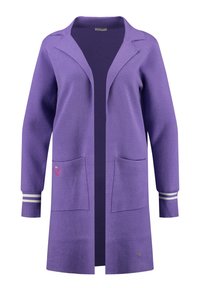Paarse cardigan in blazerstijl, met lange mouwen, twee voorzakken en gestreepte accenten op de manchetten. Gelaagd stoffen met een comfortabele pasvorm.