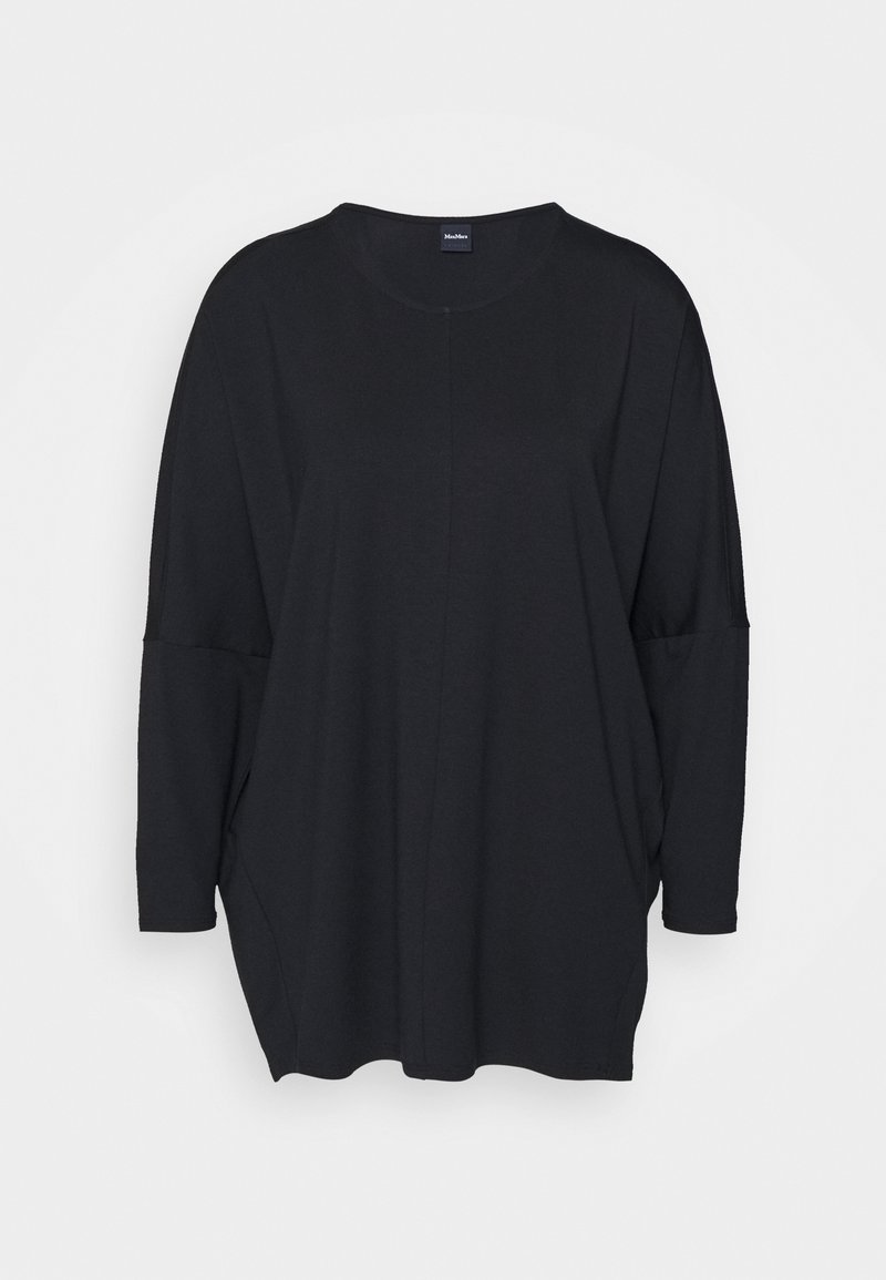 Black long-sleeve oversized shirt with a round neckline and dropped shoulders, displayed on a plain light background.