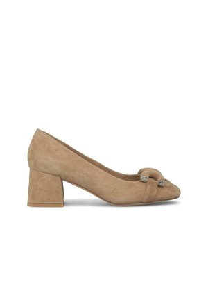 Beige suede block-heeled pump with a rounded toe and a decorative strap featuring silver hardware across the front. Soft texture.