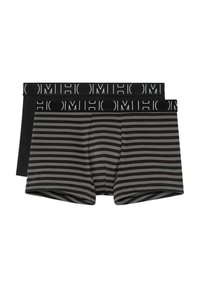 Lot de boxers comprenant une paire noire et une autre gris foncé avec des rayures horizontales. Ceinture élastique avec logo de la marque.