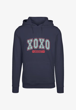 Navyblaue Hoodie aus weichem Material, mit einer Fronttasche und einem grafischen Design mit "XOXO" und "UNIVERSITY" in Pink und Mintgrün.