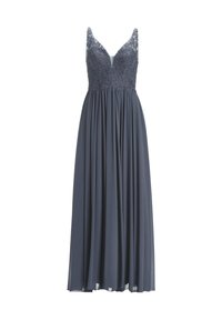Langes, schiefergraues Kleid mit einem Spitzoberteil und tiefem Ausschnitt. Fließender Rock mit Falten, leichtem Stoff, verstellbaren Trägern und taillierter Passform.