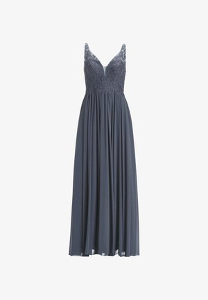 Pitkä, saviharmaa mekko, jossa on pitsinen yläosa ja syvä dekoltee. Valuava hame, jossa on poimutusta, kevyttä kangasta, säätöremmit ja istuva vyötärö.