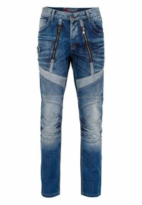 Blaue Denim-Jeans mit Slim-Fit, mehreren Reißverschlusstaschen und distressed Akzenten, mit einer variierenden Waschung und strukturierten Paneeldetails.