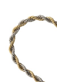 Skręcony naszyjnik z plecionymi srebrnymi i złotymi metalowymi włóknami, prezentujący wzór przypominający linę oraz gładką teksturę.