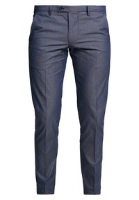 Ušité tmavě modré kalhoty s texturovanou tkaninou, slim fit a zipem. Obsahují boční kapsy a hladký přední design.