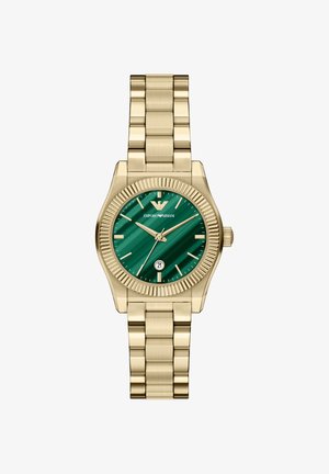 Gold-tone watch with a green striped dial, date window, and metallic strap. Features a ridged bezel and hour markers. N/A for names/brands.