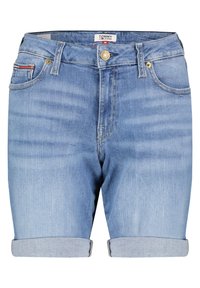 Světle modré džínové šortky s ohrnutým lemem, s předním zapínáním na knoflík a zip, čtyřmi kapsami a logem na pásku.