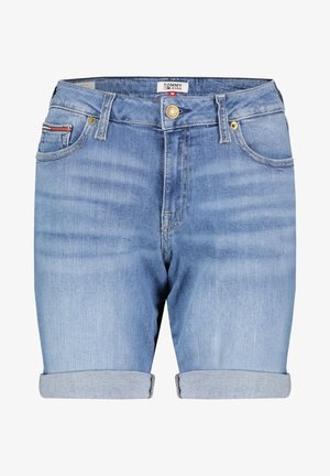 Vaaleansiniset farkkushortsit, joissa on käännetty helma, etunappi ja vetoketjukiinnitys, neljä taskua sekä logotunnus vyötäröllä.