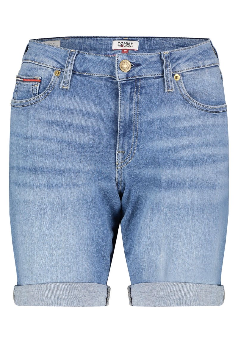Světle modré džínové šortky s ohrnutým lemem, s předním zapínáním na knoflík a zip, čtyřmi kapsami a logem na pásku.