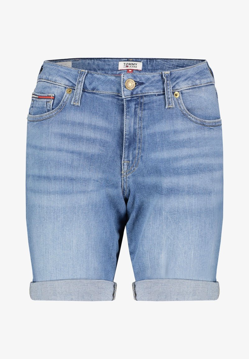 Světle modré džínové šortky s ohrnutým lemem, s předním zapínáním na knoflík a zip, čtyřmi kapsami a logem na pásku.