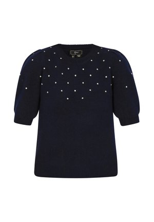 Mornarsko pulover s kratkimi rokavi, izdelan iz mehkega pletenega materiala, z okrasnimi bisernimi detajli na zgornjem delu in okroglo izrezom.