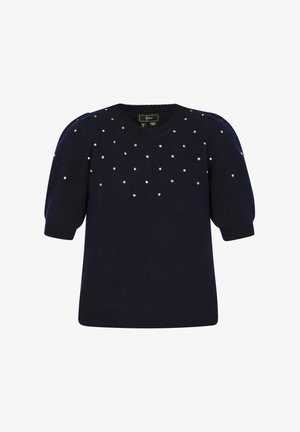 Tengerészkék, rövid ujjú pulóver, puha kötött anyagból, gyöngyszerű díszítéssel a felső részén és kerek nyakkivágással.