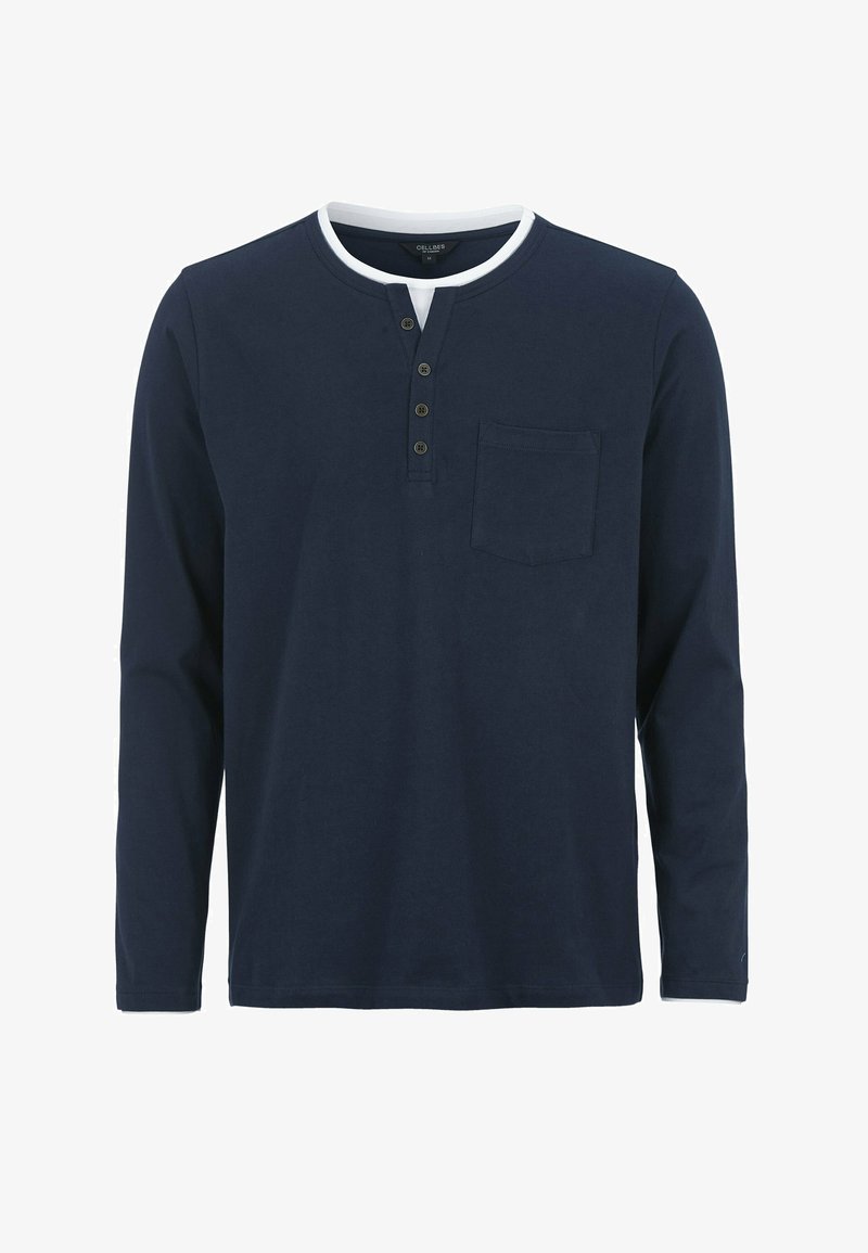 Marinblå långärmad skjorta med rund krage, treknapplås och bröstficka. Mjuk bomullstyg med slät yta.