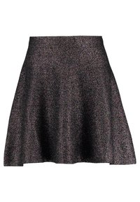 Musta levenevä hame, joka on valmistettu tekstuurisesta, kiiltävästä materiaalista, jossa on hienovaraisia iridescenttiä kimalluksia. Hameessa on sopiva vyötärö ja polven pituinen leikkaus.