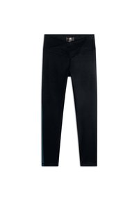 Leggings neri realizzati in tessuto liscio, con un alto elastico in vita e dettagli laterali contrastanti in teal. Progettati per una vestibilità aderente e flessibilità.