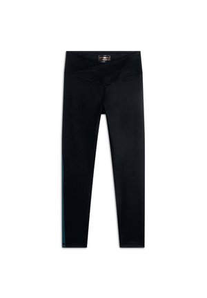 Leggings neri realizzati in tessuto liscio, con un alto elastico in vita e dettagli laterali contrastanti in teal. Progettati per una vestibilità aderente e flessibilità.