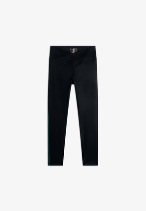 Leggings neri realizzati in tessuto liscio, con un alto elastico in vita e dettagli laterali contrastanti in teal. Progettati per una vestibilità aderente e flessibilità.