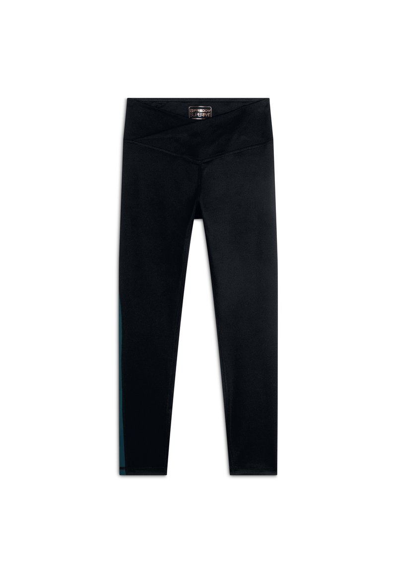 Leggings neri realizzati in tessuto liscio, con un alto elastico in vita e dettagli laterali contrastanti in teal. Progettati per una vestibilità aderente e flessibilità.