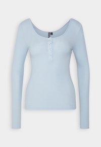 Light blue long-sleeve top, ribbed texture, scoop neckline, three-button placket with shiny buttons. Form-fitting design.