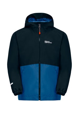 Water-resistant jacket featuring a black upper and blue lower section, with elastic cuffs, a hood, and a front zipper with an orange pull.