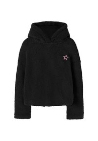 Svart fleece-tröja med luva och texturerad yta, med en rosa stjärna broderad på vänster bröst och en djup huva.