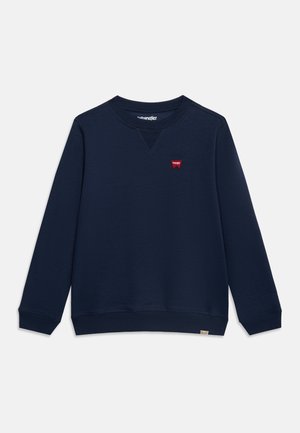 Navy blue long-sleeve crewneck sweatshirt with small red Wrangler logo on the chest and ribbed cuffs and hem.