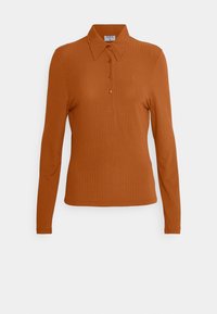Ribbed, long-sleeve polo shirt in burnt orange, featuring a collar and three-button placket. Made from smooth, stretchy material.