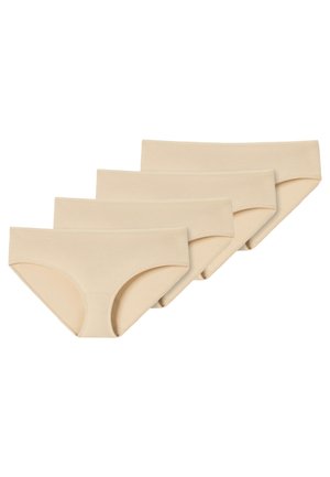 Fire par beige bomuldsunderbukser med en glat overflade, der har en lav talje og minimalt syninger.