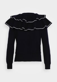 Merinvärmad tröja med en stor volangkrage i navy, med vit kant. Designen inkluderar långa ärmar och en figurnära midja.