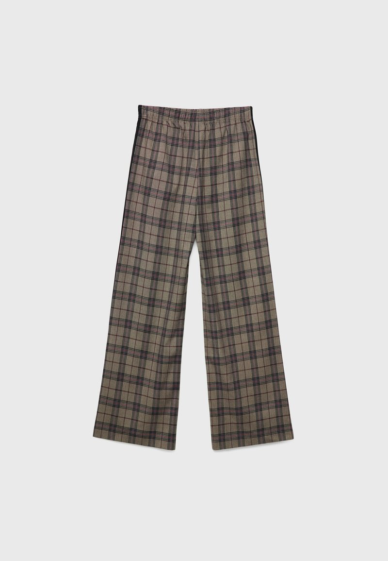 Pantaloni a gamba larga in una fantasia a quadri, con colori grigio, nero e bordeaux, dotati di una vita elasticizzata e una morbida texture del tessuto.