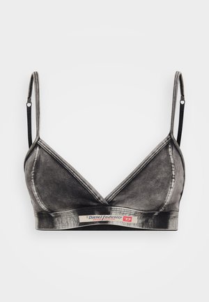 Bralette in stile denim nero con scollo a V, spalline regolabili e una fascia larga con etichetta logo sul davanti.