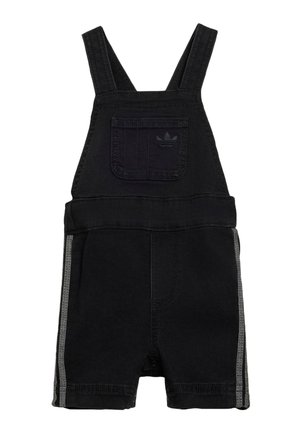 Salopette courte noire pour tout-petits avec bretelles réglables, poche avant avec logo et bandes réfléchissantes latérales.