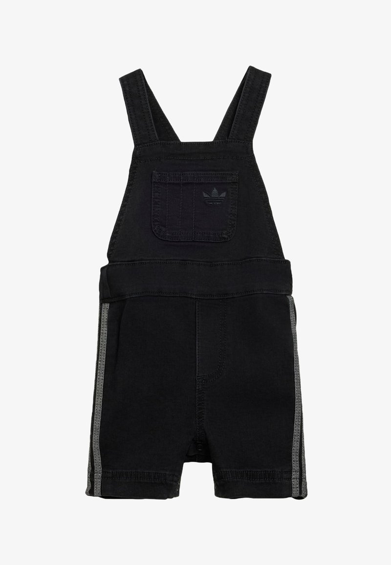 Salopette courte noire pour tout-petits avec bretelles réglables, poche avant avec logo et bandes réfléchissantes latérales.