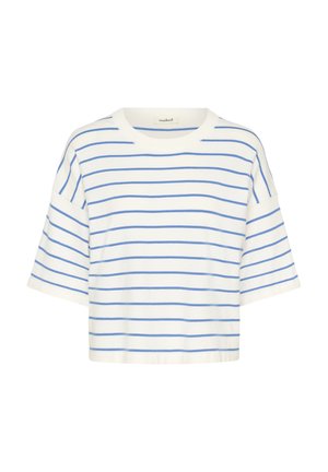 Lühikesed varrukad ja ümmargune kaelus, valge puuvillane lühikeste varrukatega särk siniste horisontaalsete triipudega. Lihtne ja iga päev kandmiseks sobiv disain.