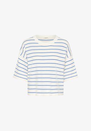 Fehér pamutból készült, kék vízszintes csíkokkal díszített rövid ujjú cropped póló, kerek nyakkivágással. Egyszerű és laza dizájn.