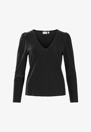 Zwarte langsgestreepte top met een V-hals en subtiele glans. Kenmerkt zich door poofschouders en een getailleerd ontwerp. Zachte, gestructureerde stof.