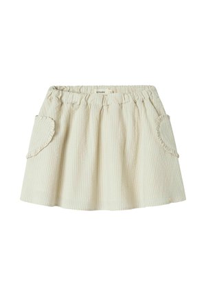 Lys beige skjørt med en teksturert overflate, elastisk midjebånd og rufsete lommekanter. Har en utflaret, A-formet fasong.