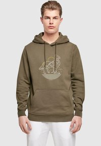 Olivgrön hoodie i mjukt material, med en grafisk bild av en fågel och berg. Framsida med ficka och dragsko i luvan.