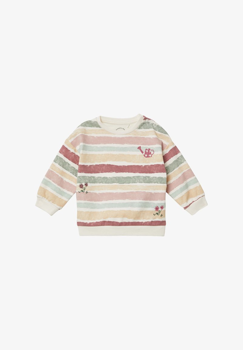 Felpa chiara con strisce orizzontali in rosa chiaro, verde e beige, con una grafica di un annaffiatoio e ricami floreali.